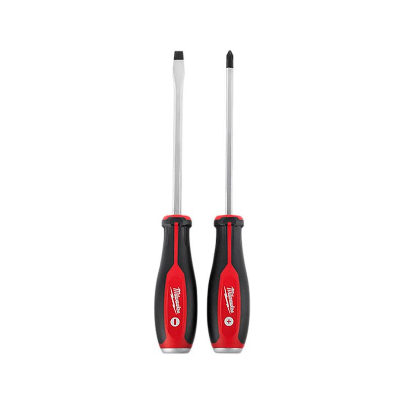 Juego destornilladores Milwaukee de 2 piezas, dos herramientas con mango ergonómico rojo y negro sobre fondo blanco