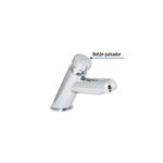 Llave temporizadora para lavamano Foset, primer plano del botón pulsador cromado con logotipo de la marca