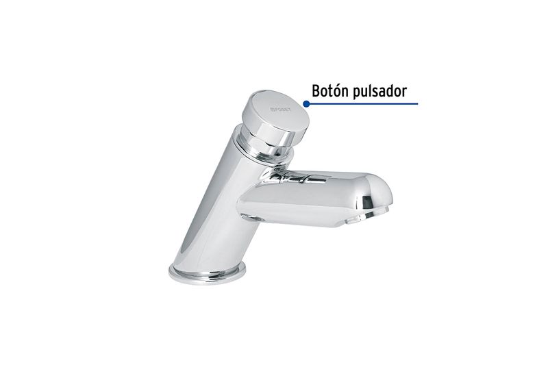 Llave temporizadora para lavamano Foset, primer plano del botón pulsador cromado con logotipo de la marca