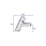 Llave temporizadora para lavamanos Foset, gráfico con medidas de 15 cm, 11 cm y 5 cm sobre el producto