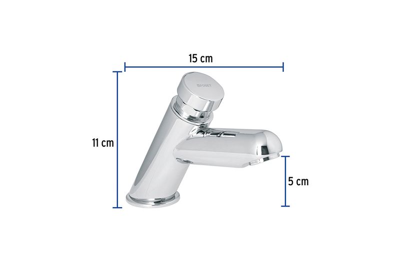 Llave temporizadora para lavamanos Foset, gráfico con medidas de 15 cm, 11 cm y 5 cm sobre el producto