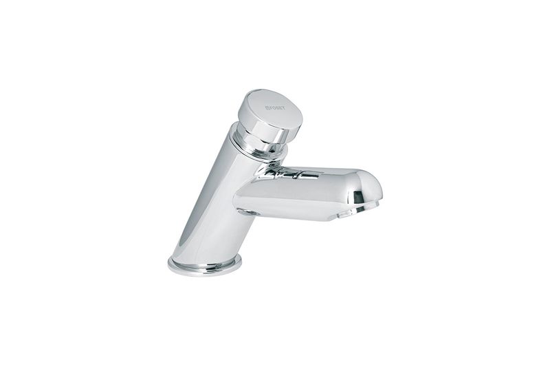 Llave temporizadora para lavamano Foset, vista lateral del grifo cromado con botón superior de presión