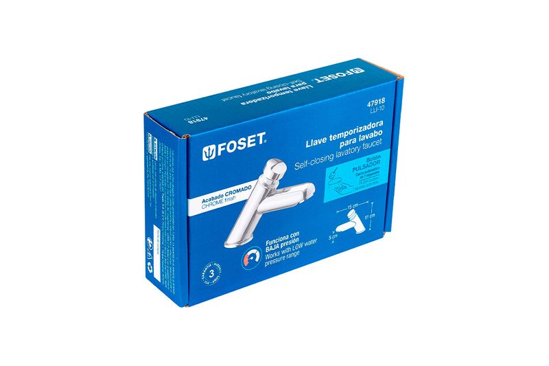 Llave temporizadora para lavamano Foset, caja azul con ilustración del producto y especificaciones técnicas