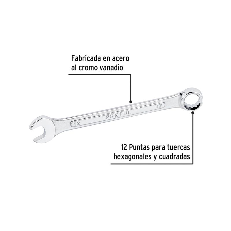 Llave combinada Pretul de 12 mm, vista lateral con etiquetas descriptivas sobre el material y la boca de 12 puntas