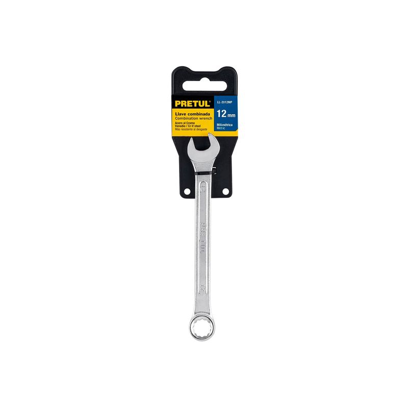 Llave combinada Pretul de 12 mm, vista frontal del producto sujeto en su empaque de cartón negro y amarillo
