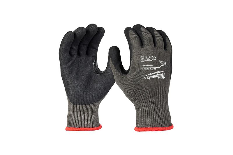 Guantes de nitrilo anticorte Milwaukee nivel 5 talla L, par de guantes negros con puño elástico rojo