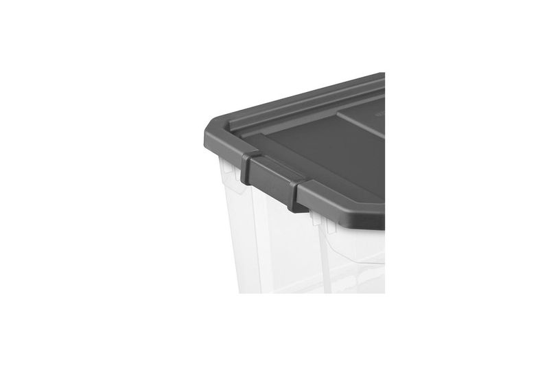 Caja organizadora plástica 76QTY transparente/gris Sterilite, acercamiento a la tapa gris y el borde superior