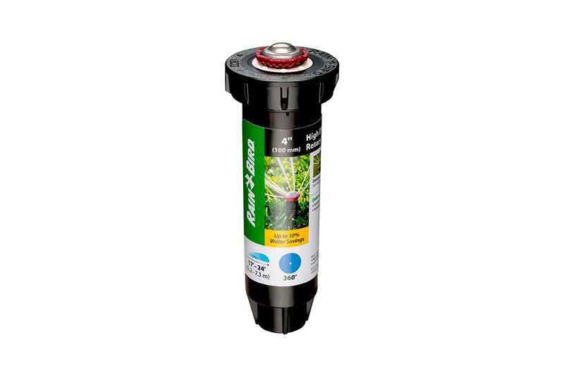 Aspersor para jardín pop up rotor FC 17-24 pies 4 pulgadas 360 grados Rain Bird, vista frontal con etiqueta informativa