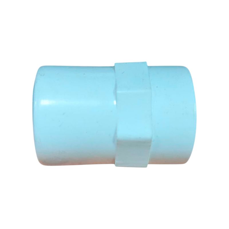 Adaptador PVC hembra agua potable 1/2 pulgadas Pipsa, vista lateral de la pieza en color celeste