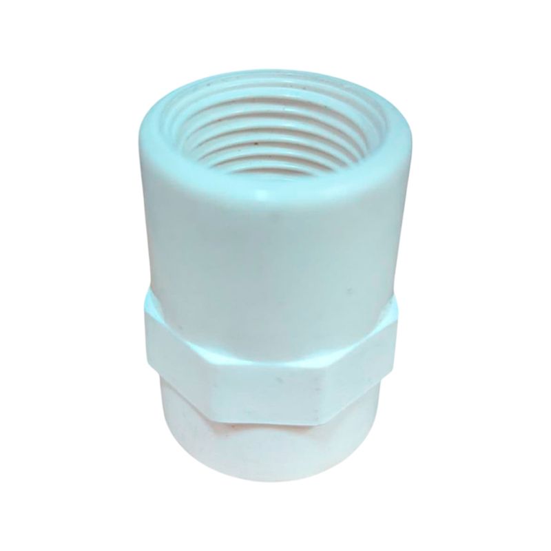 Adaptador PVC hembra agua potable 1/2 pulgada PIPSA, vista en ángulo picado mostrando la rosca interna y cuerpo blanco