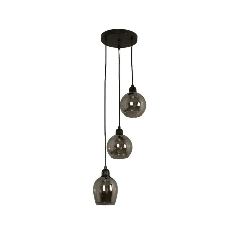 Luminaria colgante Átomo negro escalonado 3L E27 40W Lumicentro Ikelite, con tres globos de vidrio ahumado a diferentes