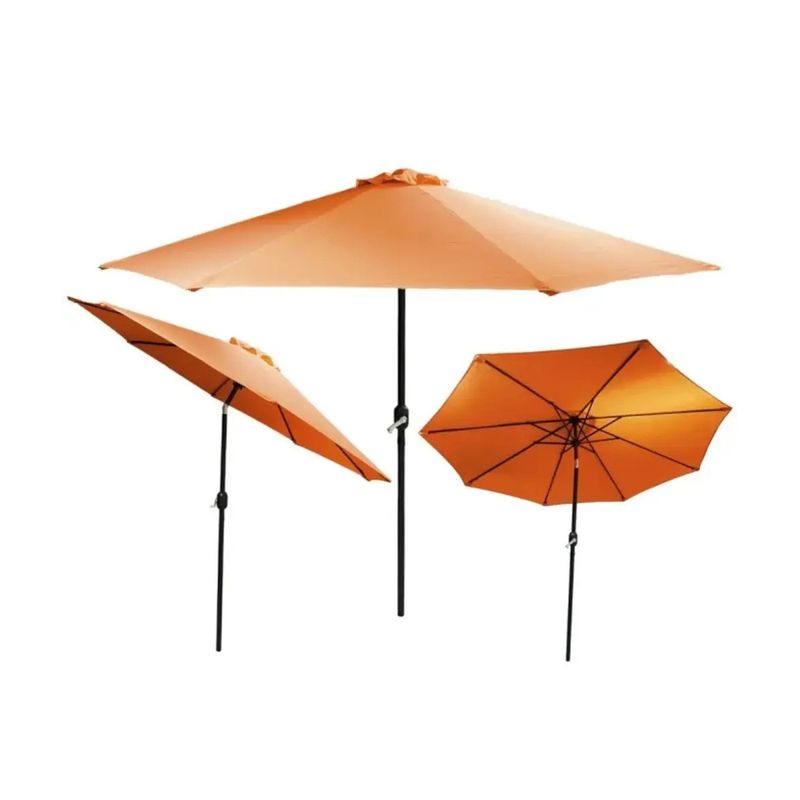 Sombrilla para terraza 9 pulgadas naranja Ideal Furniture, tres vistas del producto abierto con poste negro