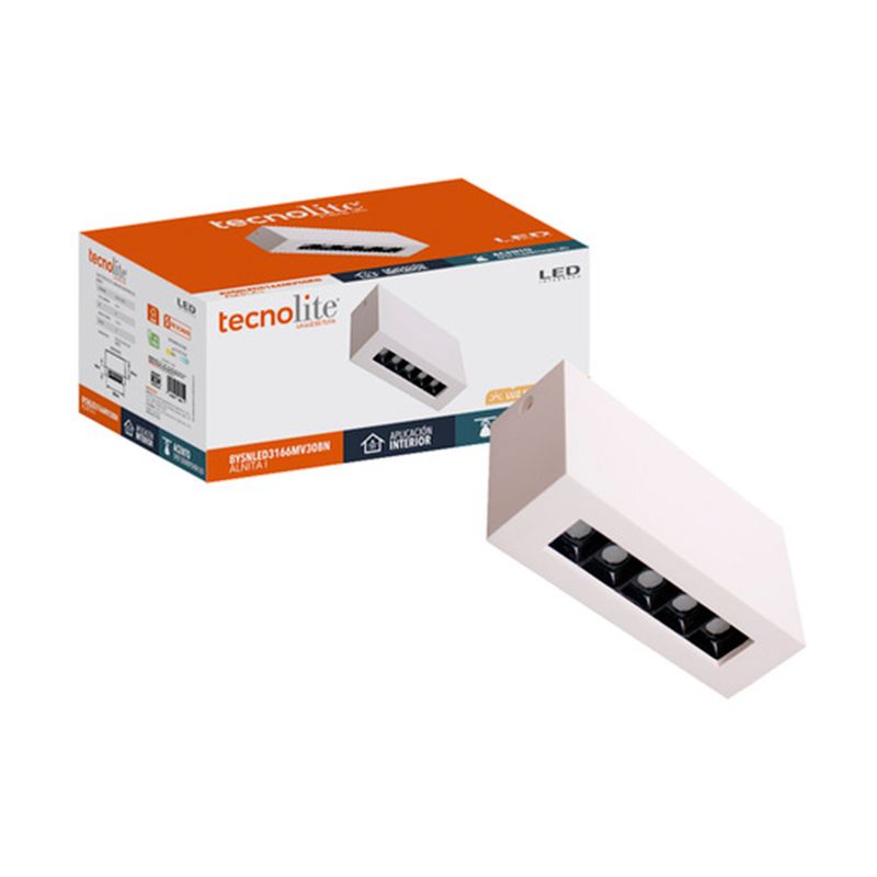 Luminaria de sobreponer LED Alnita I 8 W 3000K blanco/negro Tecnolite, producto junto a su caja de empaque blanca y naranja