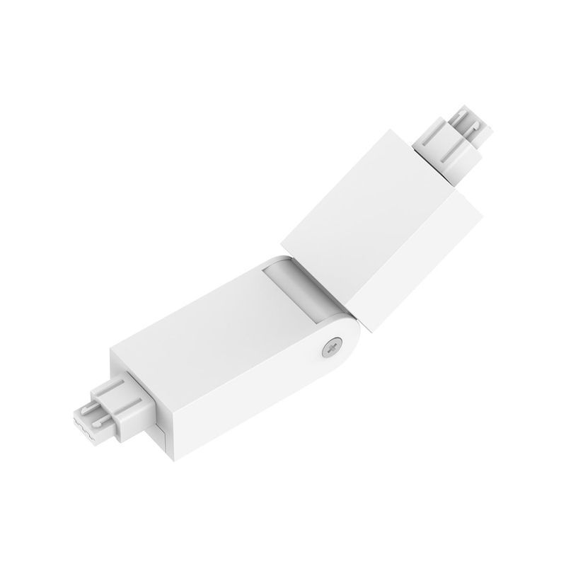 Conector flexible horizontal 90° para lineales LED ultra slim blanco Tecnolite, vista en ángulo con articulación abierta