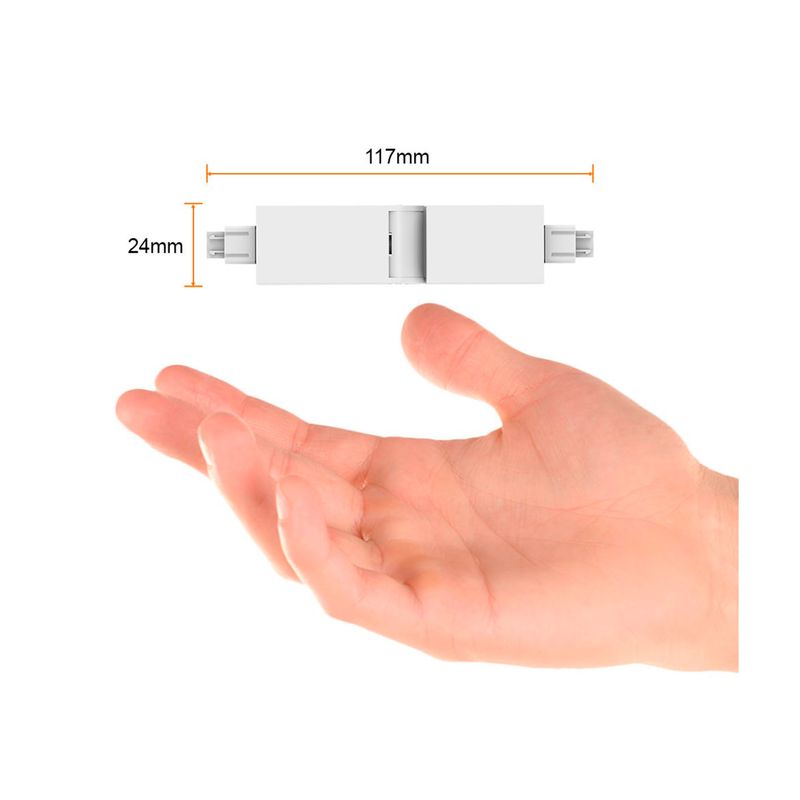 Conector flexible horizontal 90° para lineales LED Ultra Slim blanco Tecnolite, vista frontal con medidas de 117 mm y 24 mm