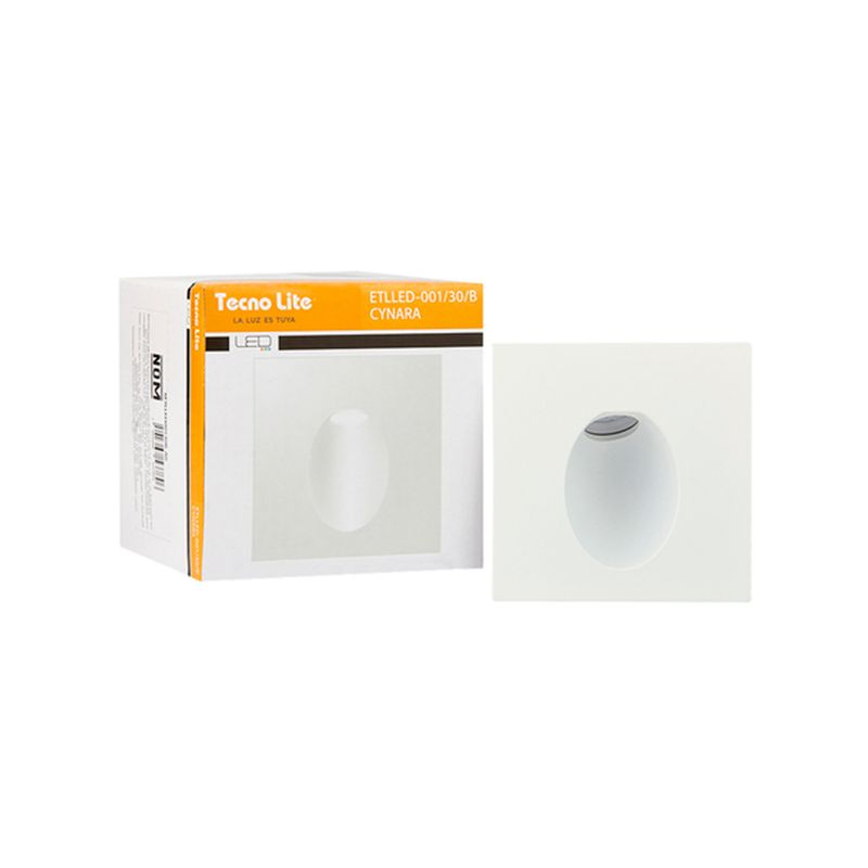 Luminaria de pared luz de cortesía Cynara 3000K 125lm blanco Tecnolite, producto junto a su caja blanca y naranja