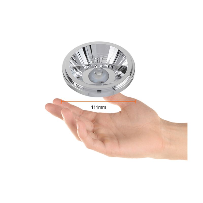 Bombilla LED Helium II 15 W 6500 K G53 1350 lm Tecnolite, sostenida por una mano con línea de medida de 111 mm