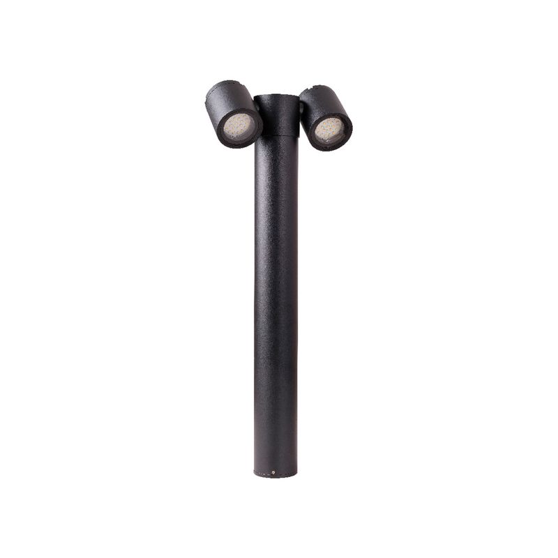 Mini poste Lebreles II 2L GU10 12W IP54 negro Tecnolite, vista frontal del cuerpo cilíndrico y sus dos focos orientables