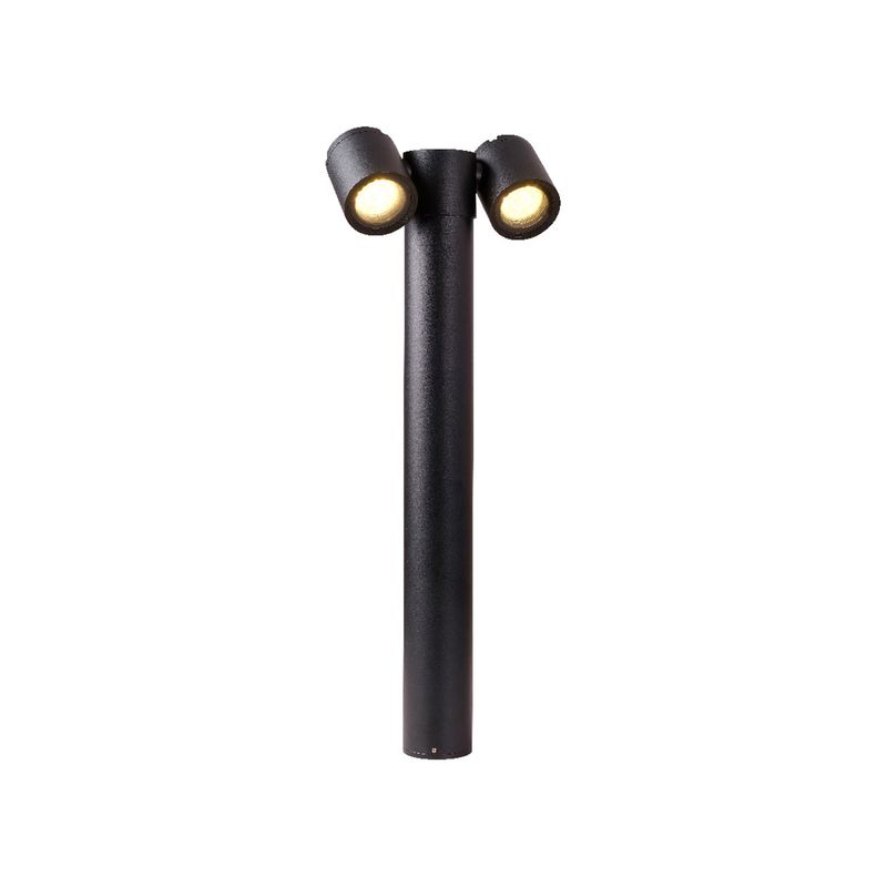 Mini poste Lebreles II 2L GU10 12W IP54 negro Tecnolite, vista frontal con dos focos encendidos y cuerpo cilíndrico