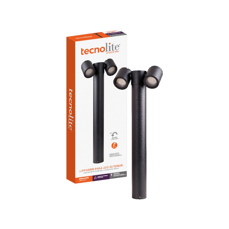 Mini poste Lebreles II 2L GU10 12W IP54 negro Tecnolite, unidad fuera de su caja junto al empaque original
