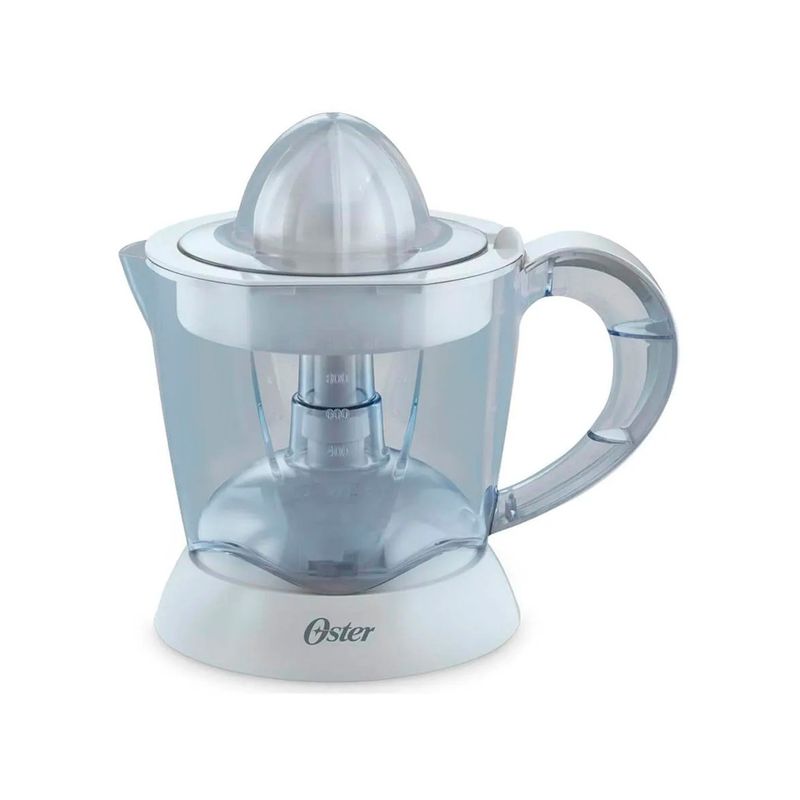 Exprimidor de cítricos 1 l 25 W blanco Oster, vista frontal del equipo con jarra graduada transparente y base blanca
