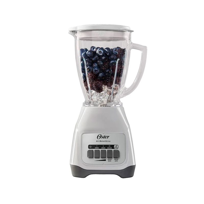 Licuadora vaso vidrio 1.5 l 800 w 2 vel blanca Oster, vista frontal con arándanos y hielo dentro del vaso