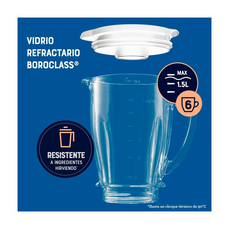 Licuadora vaso vidrio 1.5 L 800 W 2 vel blanca Oster, gráfico detallando la resistencia del vaso de vidrio Boroclass