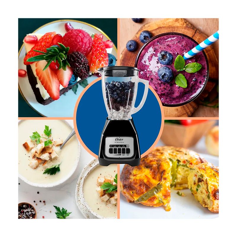 Licuadora vaso vidrio 1.5 L 800 W 2 vel negra Oster, centrada con collage de recetas preparadas alrededor