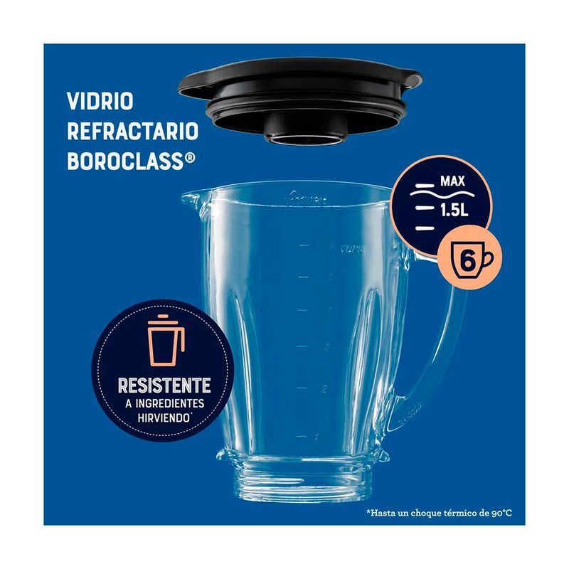 Licuadora vaso vidrio 1.5 L 800 W 2 vel negra Oster, gráfico del vaso de vidrio con tapa y marcas de capacidad