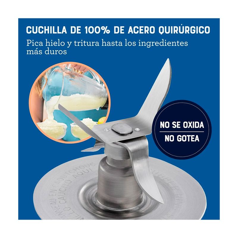 Licuadora vaso vidrio 1.5 L 800 W 2 vel negra Oster, gráfico detallado de la cuchilla de acero quirúrgico y vaso picando