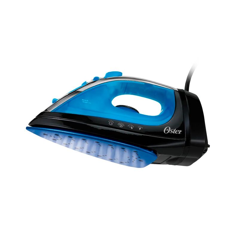 Plancha a vapor cable retráctil azul Oster, vista lateral del equipo destacando el cuerpo azul y base negra