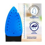 Plancha a vapor cable retráctil azul Oster, detalle de la suela de cerámica con iconos de deslizamiento y anti-calcario