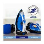 Plancha a vapor cable retráctil azul Oster, gráfico con tres posiciones del equipo y tiempos de auto apagado inteligente