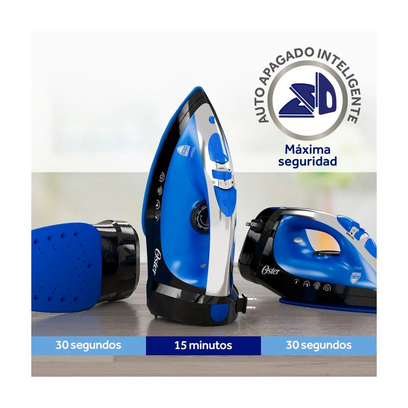 Plancha a vapor cable retráctil azul Oster, gráfico con tres posiciones del equipo y tiempos de auto apagado inteligente