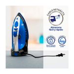 Plancha a vapor cable retráctil azul Oster, vista lateral con iconos informativos sobre el cable y la potencia