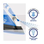 Plancha a vapor cable retráctil azul Oster, detalle del rociado fino y sistema anti-goteo con iconos ilustrativos