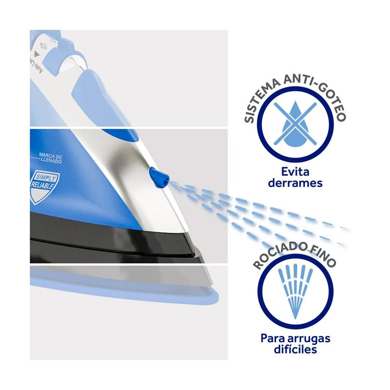 Plancha a vapor cable retráctil azul Oster, detalle del rociado fino y sistema anti-goteo con iconos ilustrativos