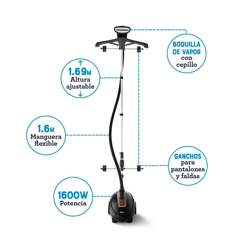Vaporizador de pedestal vertical 1.5 L Oster, gráfico con indicaciones de potencia 1600 W, altura y accesorios