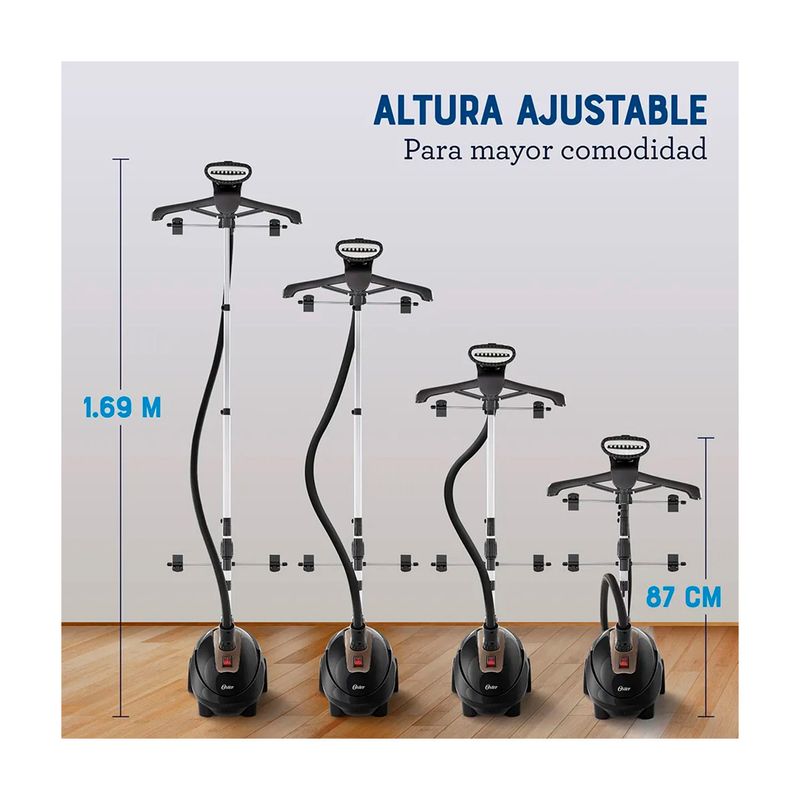 Vaporizador de pedestal vertical 1.5 L Oster, gráfico comparativo de cuatro alturas ajustables desde 87 cm hasta 1.69 m