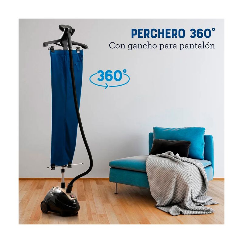 Vaporizador de pedestal vertical 1.5 L Oster, equipo negro con perchero azul y gráfico de rotación 360 grados