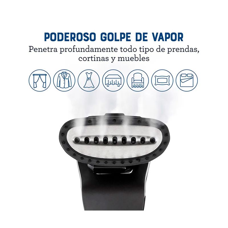 Vaporizador de pedestal vertical 1.5 L Oster, primer plano del cabezal emitiendo vapor con iconos de uso arriba
