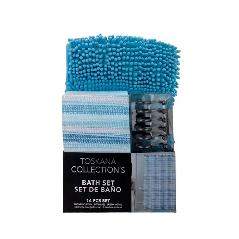 Set cortina de baño y alfombra 14 piezas 180 x 180 cm celeste Sinsa, empaque con alfombra, cortina y ganchos negros