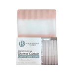 Cortina de baño 180 x 180 cm blanco/coral The Spa Collection, doblada en su empaque blanco con detalles del producto