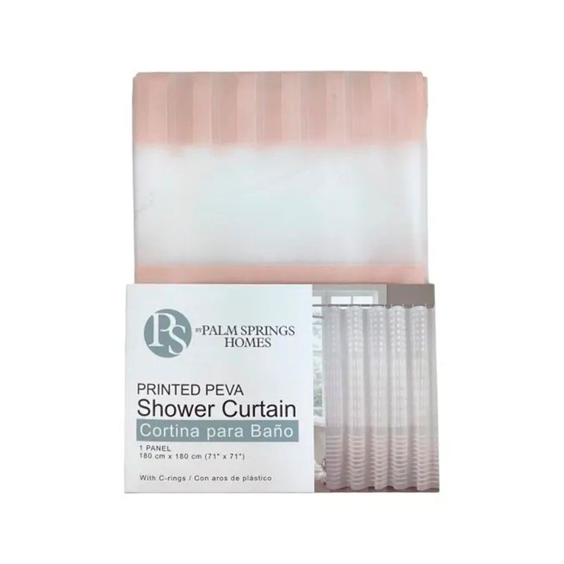 Cortina de baño 180 x 180 cm blanco/coral The Spa Collection, doblada en su empaque blanco con detalles del producto