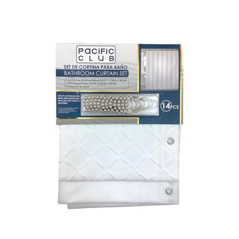 Cortina de baño 14 piezas 70x72 pulgadas blanco The Spa Collection, empaque con ganchos metálicos y tela acolchada