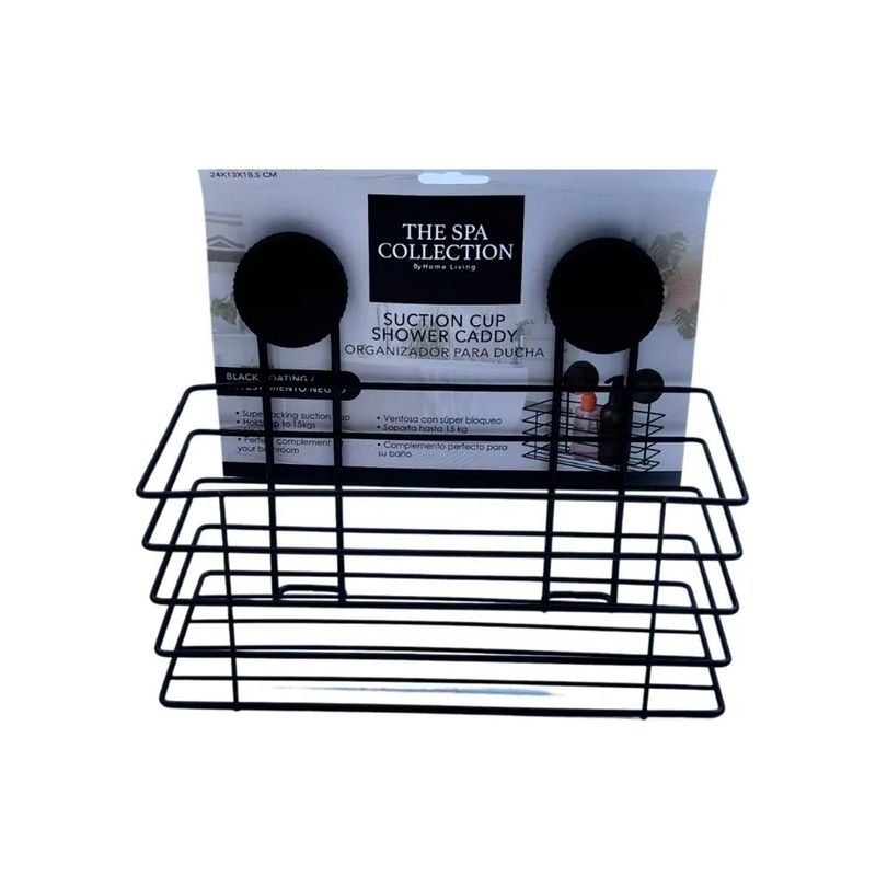 Organizador de ducha 24x13x18.5 cm negro Sinsa, vista frontal del estante metálico con su empaque plástico