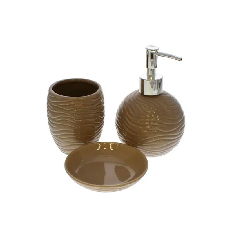 Juego de accesorios para baño 3 piezas chocolate Sinsa, dispensador con bomba cromada, porta cepillos y jabonera