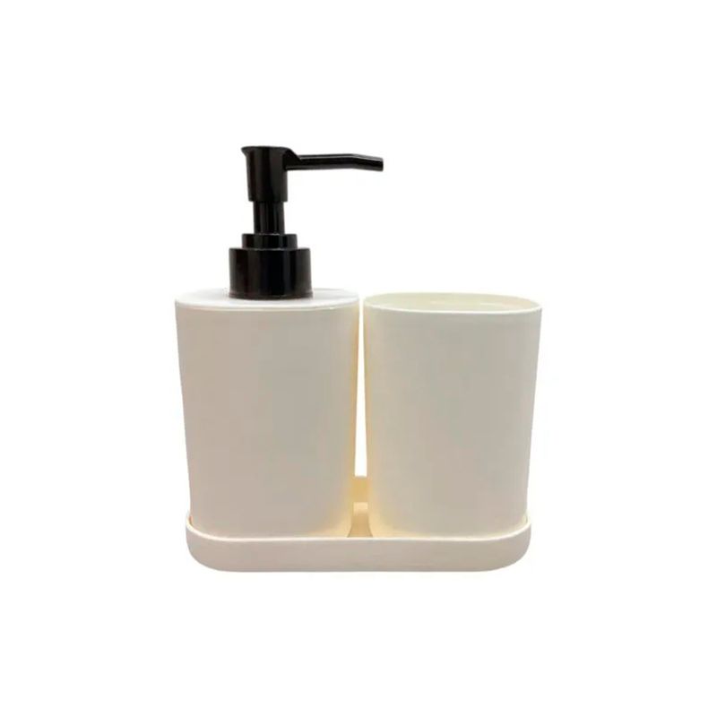 Juego de accesorios para baño 3 piezas blanco y negro Sinsa, dispensador de jabón y porta cepillos sobre base blanca