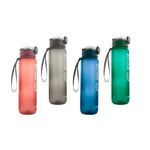Botella plástica 1000 ml surtido Life Art, cuatro botellas de colores rojo, gris, azul y verde con correa y tapa
