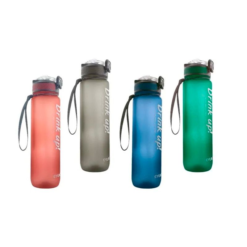 Botella plástica 1000 ml surtido Life Art, cuatro botellas de colores rojo, gris, azul y verde con correa y tapa